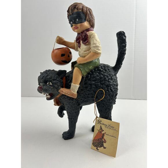 Bethany Lowe Masked Trick-or-Treater Riding Black Cat Halloween Figurine - Picture 1 of 7